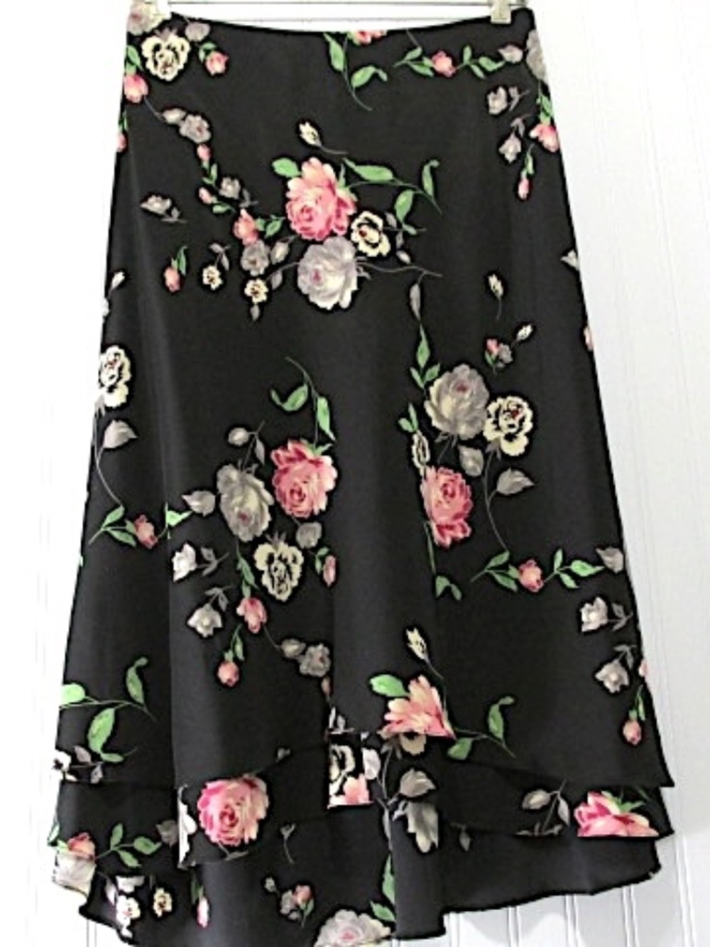 Ralph Lauren Black Floral Silk Full Tiered Midi Skirt, Size 12